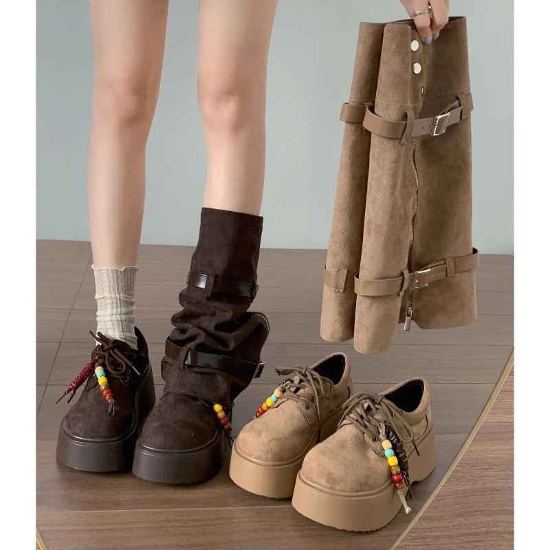 Autumn Winter Chunky Women Knee High Boots Fashion Button Combination Splicing Shoes Ladies Platform Thick Heel Long Booties